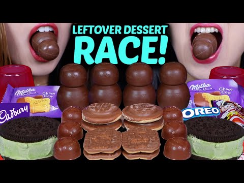 ASMR LEFTOVER DESSERT RACE! MILKA CHOCO COW, CABDURY, BUBBLY CREAM BALLS, OREO ICE CREAM SANDWICH 먹방