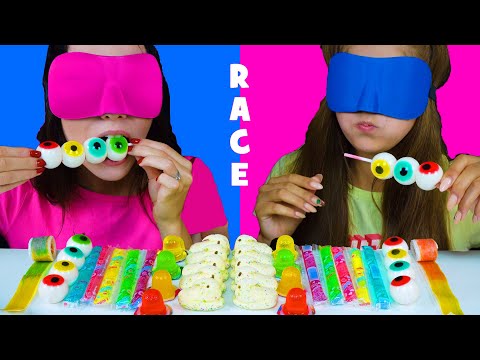 ASMR CANDY RACE WITH CLOSED EYES (GUMMY EYEBALLS, JELLY STRAWS, PEEPS MARSHMALLOW)