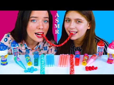 ASMR PINK VS BLUE CANDY RACE NERDS ROPE, CANDY ICE CREAM, NIK-L-NIP WAX STICKS