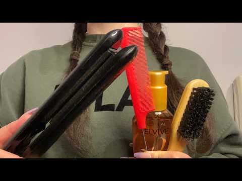 ASMR straightening your hair & cutting your bangs, spray sounds & brushing - no talking