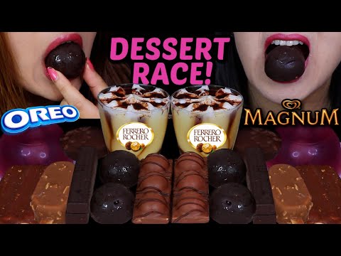 ASMR LEFTOVER DESSERT RACE! GIANT CHOCOLATE ICE CREAM BON BONS, MAGNUM ICE CREAM BAR, FERRERO, OREO