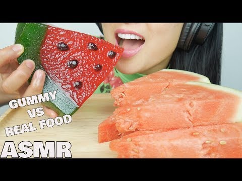 ASMR GUMMY vs. REAL FOOD *GIANT WATERMELON GUMMY (CRUNCHY CHEWY EATING SOUNDS) | SAS-ASMR