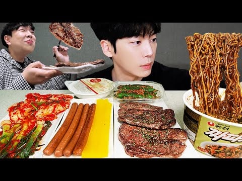 ASMR MUKBANG | 직접 만든 짜파게티, 소고기 & 파김치, 오이고추 김치 먹방 | KIMCHI RECIPE KOREAN HOME FOOD