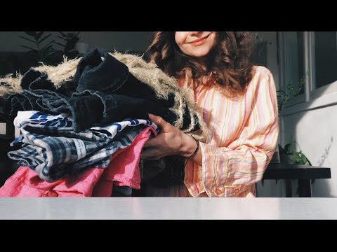 ASMR soft spoken thrift store haul 🌷 fabric sounds 🌷 vintage clothing 🌷 tapping cat card