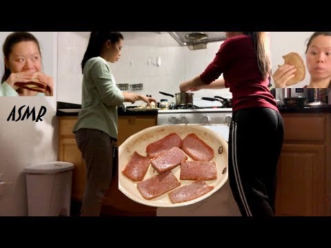 ASMR We Cook a Quarantine Meal + EAT IT! Spam & Egg Sandwich w Potato Salad (Cooking, Eating Sounds)