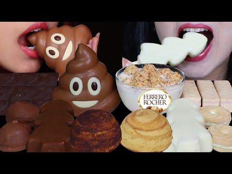 ASMR MILK VS WHITE CHOCOLATE (GIANT POOP EMOJI CHOCOLATE, FERRERO BALLS & MILK, BUBBLY DOME CAKE) 먹방