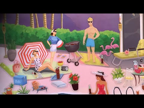 ASMR - sticker book, 1960s pool party. Soft spoken