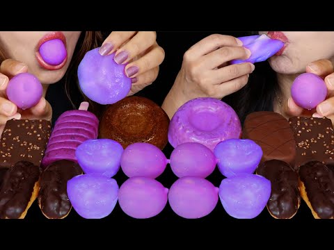 ASMR PURPLE CHOCOLATE EGG CAKES, MOCHI ICE CREAM, GRILLED MINI DONUTS, CUSTARD CREAM ECLAIRS 먹방