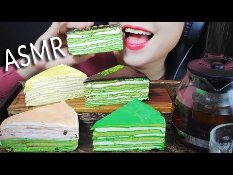 ASMR CREPES CAKE WITH MATCHA SAKURA CUSTARD FLAVOURS SOFT CHEWY EATING SOUNDS | LINH-ASMR mukbang 먹방