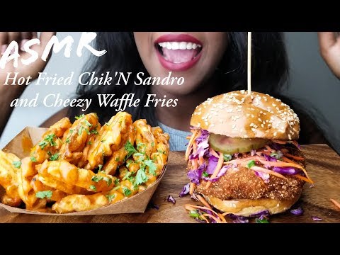 ASMR Eating Cheesy Waffle Fries & Hot Fried Chicken Sandrich (No Talking)