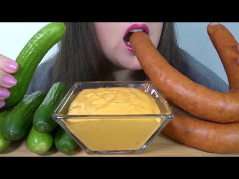 ASMR Sausage, Cucumbers, & SPICY Cheese Sauce - EXTREMELY SATISFYING Eating Sounds!