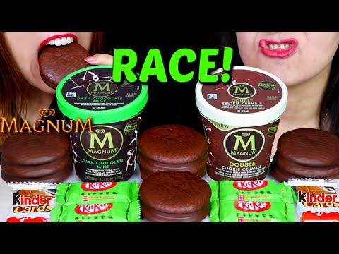 ASMR MAGNUM ICE CREAM PINT RACE! CHOCO PIE, GREEN TEA KITKAT, KINDER CHOCOLATE EATING COMPETITION 먹방