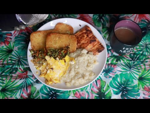 Pan Fried Salmon Hash browns Stir Fry Grits ASMR Eating Sounds