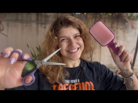 [ASMR] Salão de beleza no meio do mato || Corte e finalização capilar 