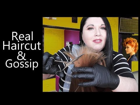 ASMR Real Haircut & Gossip Roleplay (Gloves, Plastic Apron, Whispering, Hair Brushing, Cutting)