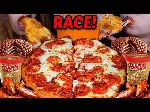 ASMR 10X SPICY BUTTER CHICKEN PIZZA RACE! Twix Maltesers ice cream sundae cups, spicy wings 먹방