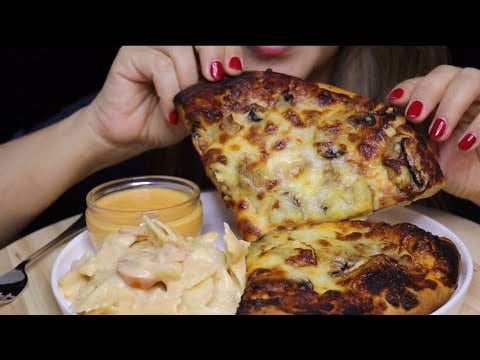 ASMR CHEESY PIZZA THICK CRUST CREAMY ALFREDO FARFALLE MUKBANG no talking CREMA ASMR #asmr #mukbang