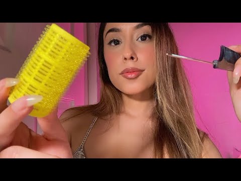 ASMR Rolling Your Hair (personal attention) Hair Parting, Brushing, Comb, Gum Chew