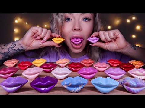 ASMR EDIBLE LIPS *STRAWBERRY, PEANUT BUTTER, SALTED CARAMEL FILLED* CHOCOLATE KISSES MUKBANG 먹방