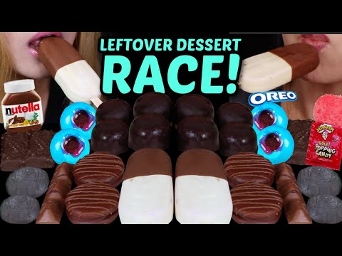 ASMR LEFTOVER DESSERT RACE! Bubbly dark chocolate ice cream, Nutella, chocolate pie, corn ice cream