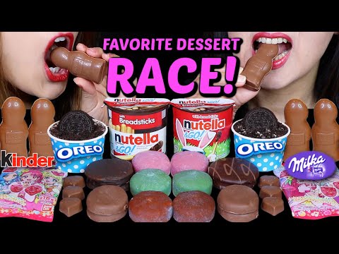 ASMR FAVORITE DESSERT RACE! MOCHI ICE CREAM, NUTELLA, MILKA, CADBURY CREME EGG, KINDER, OREO CAKE 먹방