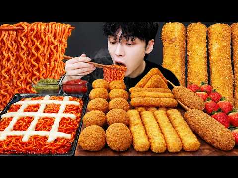 ASMR MUKBANG | 치즈 불닭볶음면 & 치토스 대왕 통 가래떡 튀김 핫도그 딸기 먹방 & 레시피 FIRE NOODLES AND Tteokbokki EATING