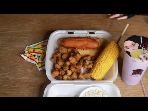 Captain D's Batter Dipped Fish, Okra , Corn & Taro Tea ASMR Eating Sounds