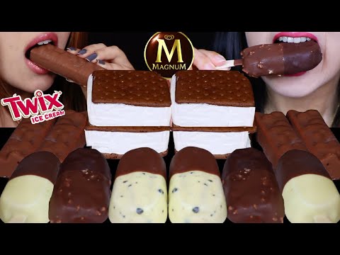 ASMR NEW MAGNUM DOUBLE CHOCOLATE DIPPED ICE CREAM BARS, TWIX CANDY ICE CREAM, MARSHMALLOW PIES 먹방