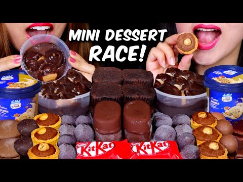 ASMR MINI DESSERT RACE! CHOCOLATE PROFITEROLES, BROWNIES, MOCHI, CHOCOLATE SPOON, TICO ICE CREAM 먹방