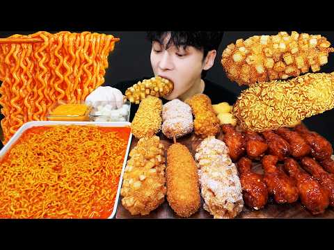 ASMR MUKBANG 체다치즈 양념 치킨먹방! 치즈 떡볶이 명랑핫도그 CRISPY FRIED CHICKEN CORN DOG EATING SOUND!