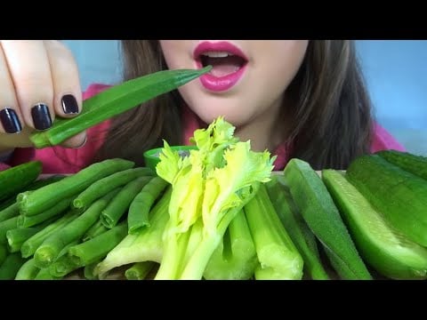 HEALTHY EATING ASMR Raw Veggie Platter [Okra, Beans, Celery, Cucumber] Crunchy Sounds