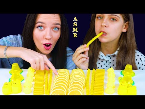 ASMR YELLOW FOOD LEMON, JELLY CUPS, TWIZZLERS, PEEPS MARSHMALLOW, MERINGUE COOKIES EATING MUKBANG