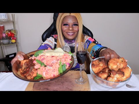 A1 STEAK SAUCE SALMON PASTA SALAD FRIED CAULIFLOWER ASMR EATING SOUNDS (CHEERS)