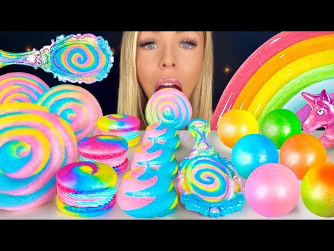 ASMR UNICORN POOP COOKIES, MERINGUE LOLLIPOPS, VINTAGE HAND MIRROR, JELLY NOODLES MUKBANG 먹방 꿀벌