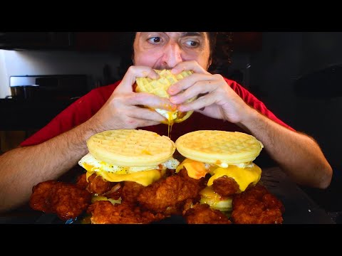 ASMR BUFFALO CHICKEN KIMCHI WAFFLE BREAKFAST SANDWICHES MUKBANG ( No Talking ) NOMNOM