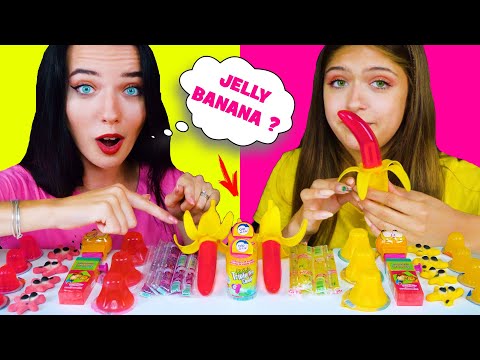 ASMR PINK AND YELLOW FOODS *EDIBLE JELLY BANANA, TRIPLE DIP CANDY, JELLY NOODLES 먹방 EATING SOUNDS