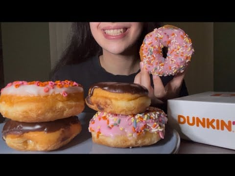 DUNKIN’ DONUTS ASMR EATING *BOSTON CREAM, STRAWBERRY FROSTED, VANILLA FROSTED*