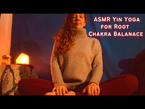 MY FIRST ASMR Yin Yoga Video - Root Chakra balance, soft spoken, Tibetan singing bowl, low light