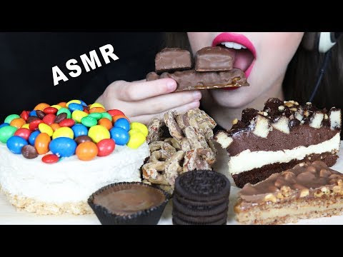 ASMR PEANUT BUTTER CHOCOLATE CHEESECAKE, M&MS & REESE’S CANDY (EATING SOUNDS) No Talking