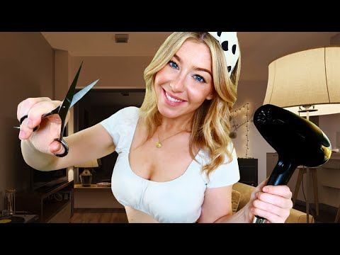 ASMR AWKWARD GIRLFRIEND CUTS & STYLES YOUR HAIR *how cute*