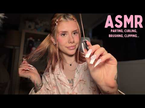 ASMR Parting, Brushing, Clipping & Curling your Hair (LAYERED SOUNDS) 🎀