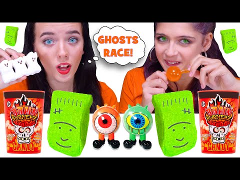 ASMR HALLOWEEN CANDY PARTY! MARSHMALLOW RACE, TIK TOK PUMPKINS, GUMMY NOODLES