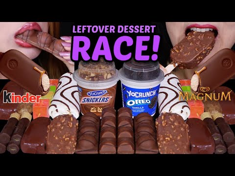 ASMR LEFTOVER DESSERT RACE! SNICKERS & OREO CRUNCH CUPS, MAGNUM ICE CREAM, ZEBRA CAKES, KINDER 먹방