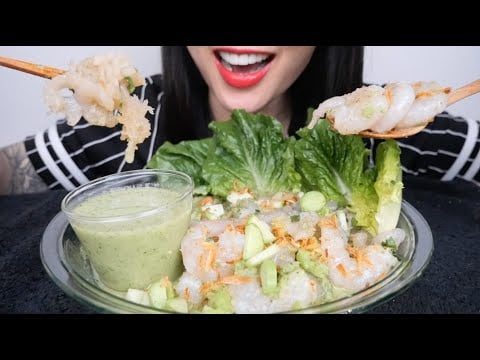 RAW MARINATED SHRIMP + JELLY + GREEN SEAFOOD SAUCE (ASMR EATING SOUNDS) LIGHT WHISPERS