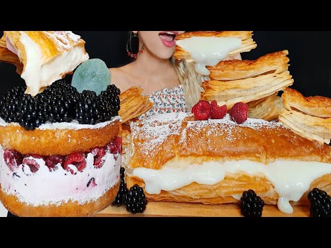 ASMR CRISPY CUSTARD PIE, WHIPPED BERRY CREAM CAKE (Eating Sounds) MUKBANG 먹방