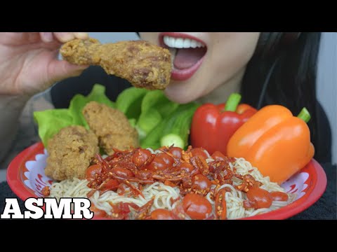 ASMR FRIED CHICKEN + THAI STYLE SPICY NOODLES + FRESH VEGGIES (EATING SOUNDS) NO TALKING | SAS-ASMR