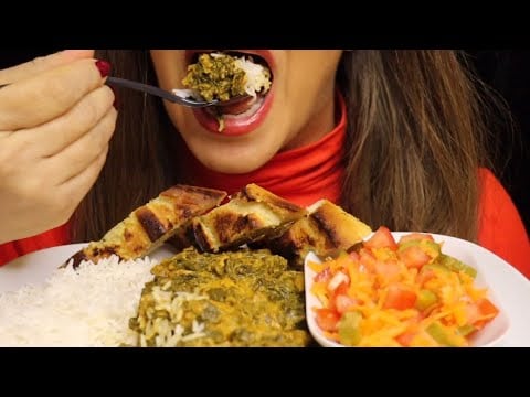 ASMR INDIAN CHICKEN PANEER RICE GARLICBREAD SIDESALAD MUKBANG no talking CREMA ASMR #asmr #mukbang
