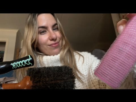 ASMR Doing Your Hair and Makeup ( cozy roleplay, hair dryer off, styling) 