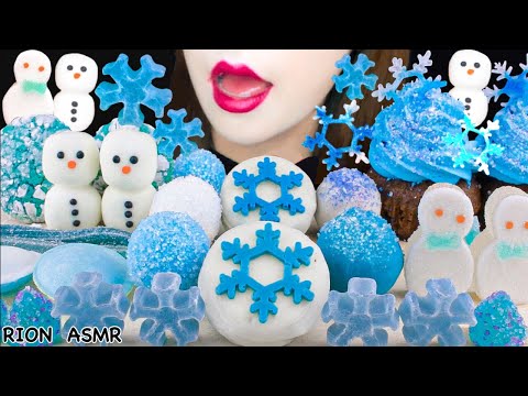 【ASMR】WINTER THEMED DESSERTS⛄️❄️ CRUNCHY SNOWFLAKE,SNOWMAN JELLY,POP CAKE,MUKBANG 먹방 EATING SOUNDS