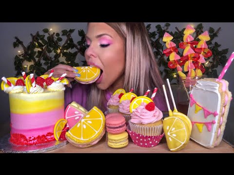 ASMR PINK LEMONADE FOODS, EDIBLE COOKIE JAR, PINK LEMONADE CAKE, MACARONS, CANDY KABOBS, MUKBANG 먹방